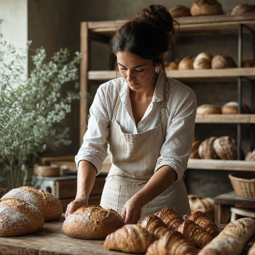 Boxed pastries and a wrapped sourdough loaf on a bakery counter